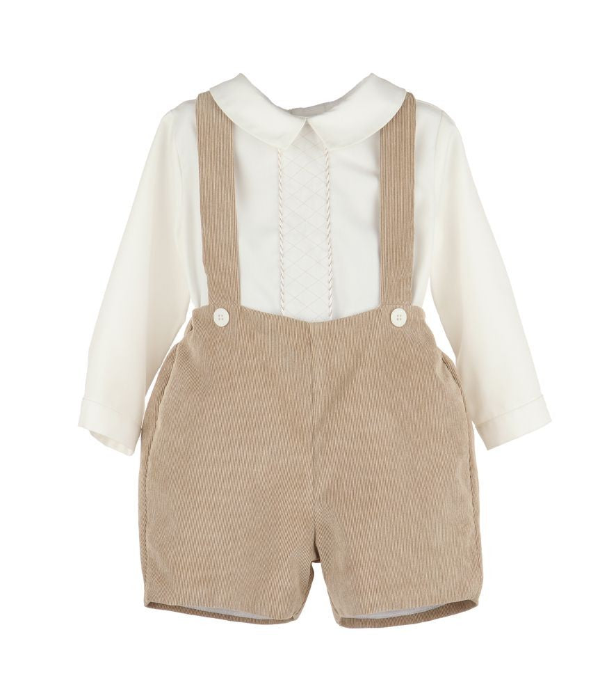 Luli & Me Boys Winterberry Cord Suspender Shorts Set - Tan