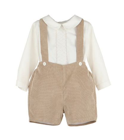 Luli & Me Boys Winterberry Cord Suspender Shorts Set - Tan