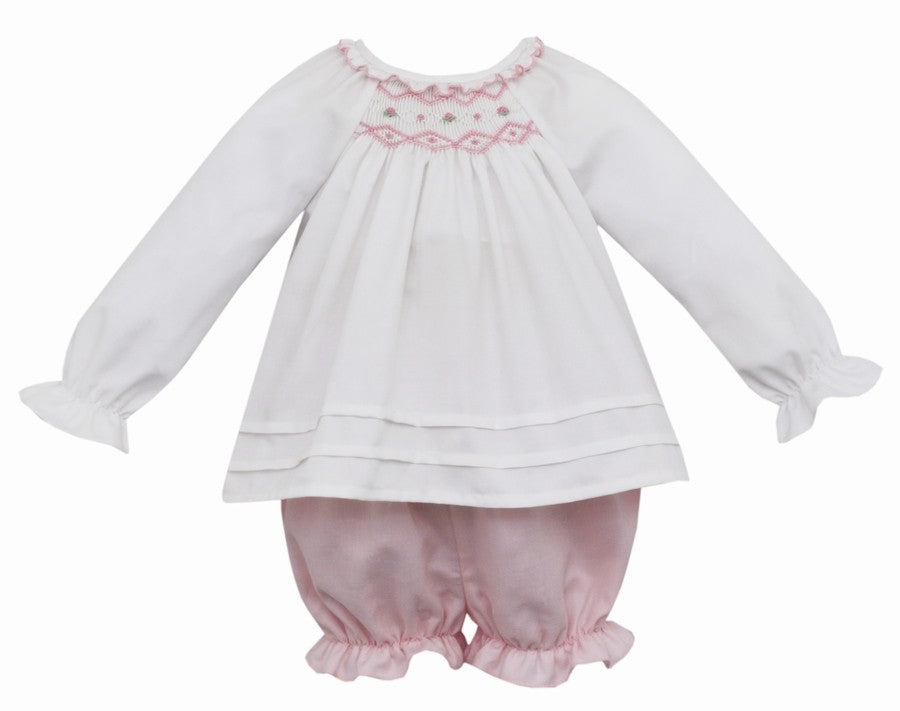 Anavini Baby / Toddler Girls Pink Bloomers Set - White Top Smocked in Pink