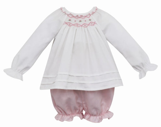 Anavini Baby / Toddler Girls Pink Bloomers Set - White Top Smocked in Pink
