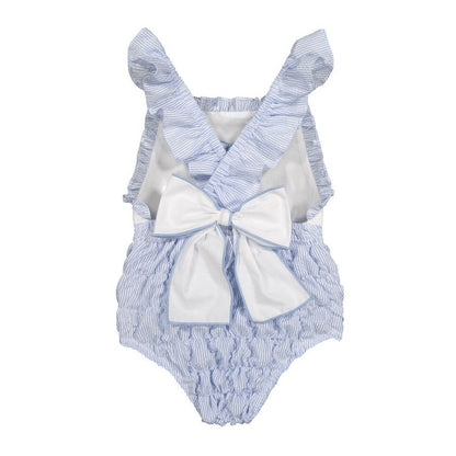 Sal & Pimenta Girls Seersucker Frilled Swimsuit - Embroidered Bow & Bow on Back - Blue