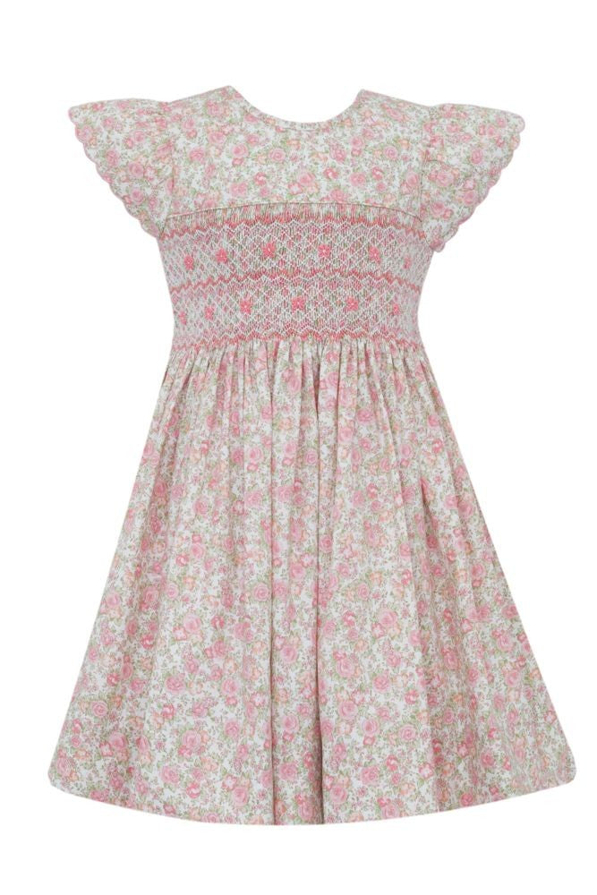 Anavini Couture Girls Pink Roses Liberty Floral Smocked Dress - Ruffle Sleeves
