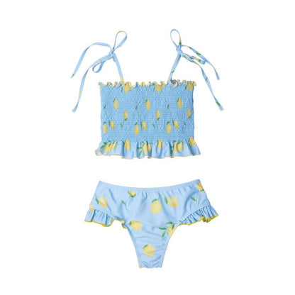 Sal & Pimenta Girls Smocked Bikini Bathing Suit - Blue Lemonade - Yellow Lemons