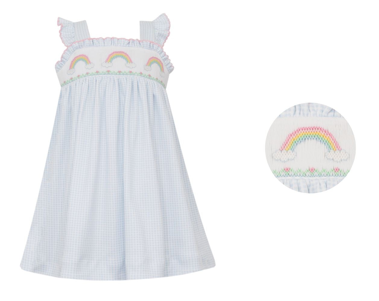 Petit Bebe Knits Girls Light Blue Gingham Smocked Rainbows Sundress