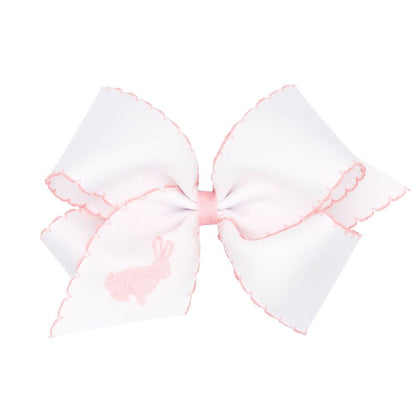 Wee Ones Girls Novelty Hair Bow - Moonstitch White with Pink - Embroidered Bunny Profile