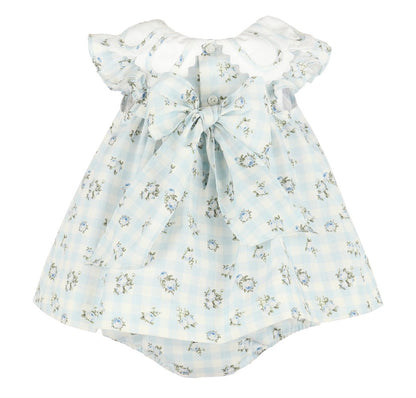 Sophie & Lucas Girls Blue Check Floral Dress with Petal Collar