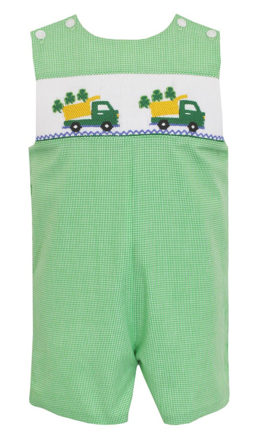 Anavini Baby / Toddler Boys Green Check Smocked Shamrock Trucks Jon Jon