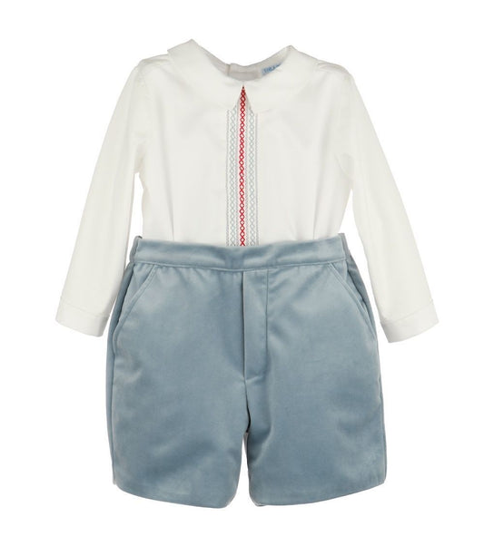 Luli & Me Boys Deluxe Velvet Shorts Set - Embroidery Shirt - French Blue