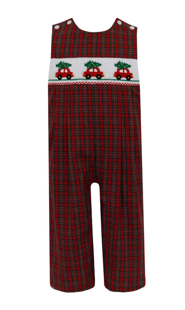 Anavini Boys Red Holiday Plaid Smocked Trees on Cars Longall