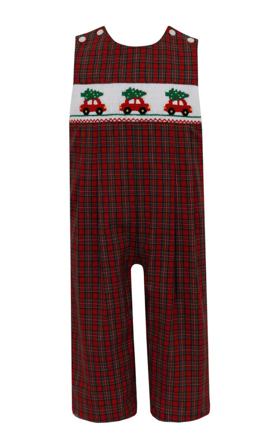 Anavini Boys Red Holiday Plaid Smocked Trees on Cars Longall