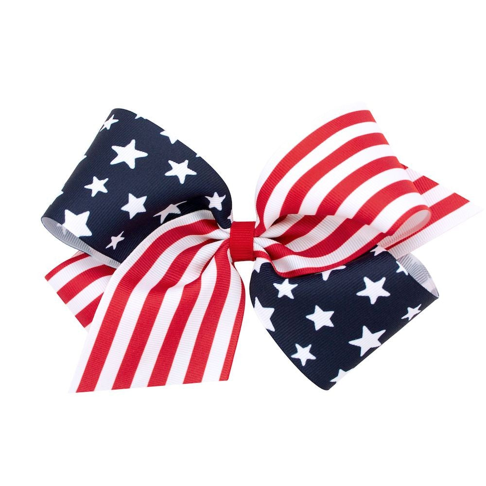Wee Ones Girls Patriotic Flag Bow - Stars & Stripes - Choose Royal or Navy Blue