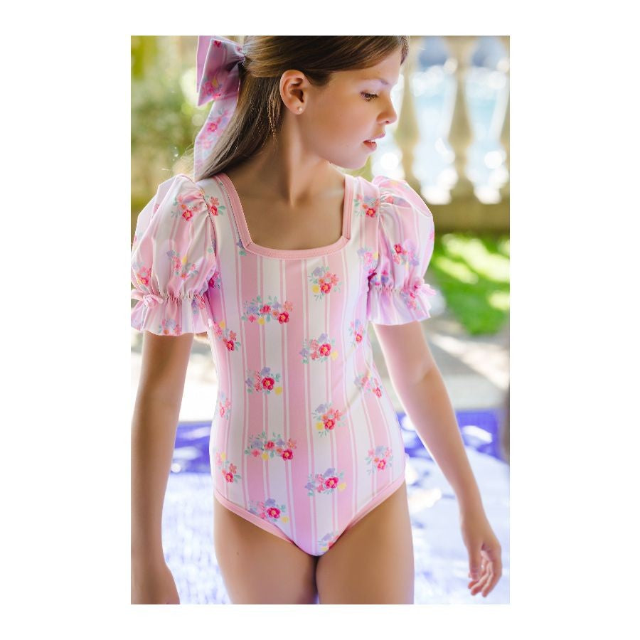 Sal & Pimenta Girls Puff Sleeve Swimsuit - Pink Stripes & Floral Treville
