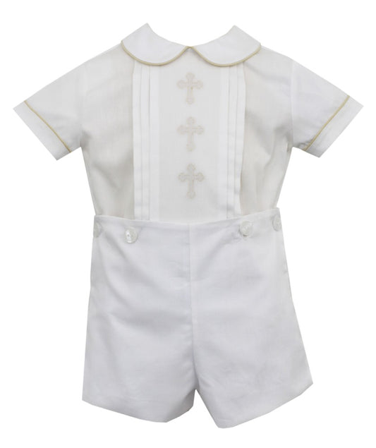 Anavini Boys White Pique Short Set - Peter Pan Collar - Crosses