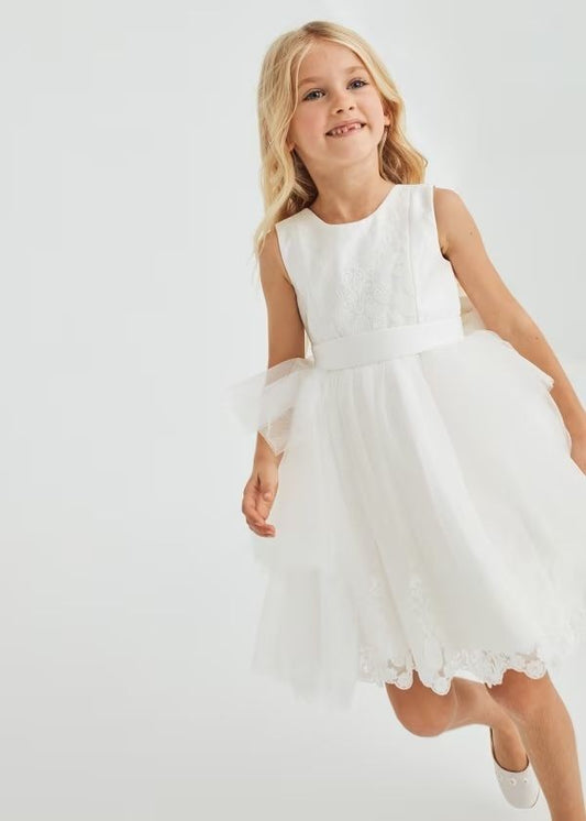 Abel & Lula Girls Embroidered Lace Tulle Special Occasion Dress - V-Back with Bow & Sash