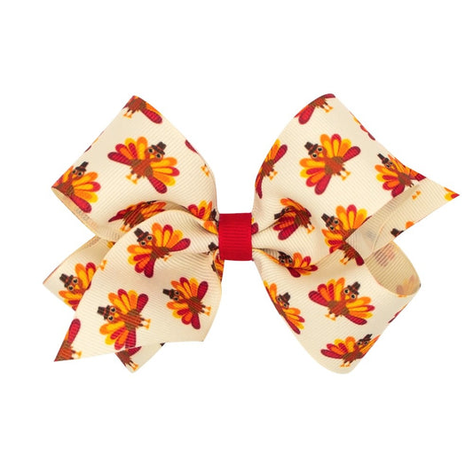 Wee Ones Girls Hair Bow on Clip - Thanksgiving Turkey Print