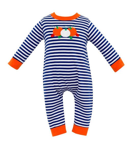 Claire & Charlie Baby Boys Knit Romper - Royal Blue Stripes - Applique Pumpkins