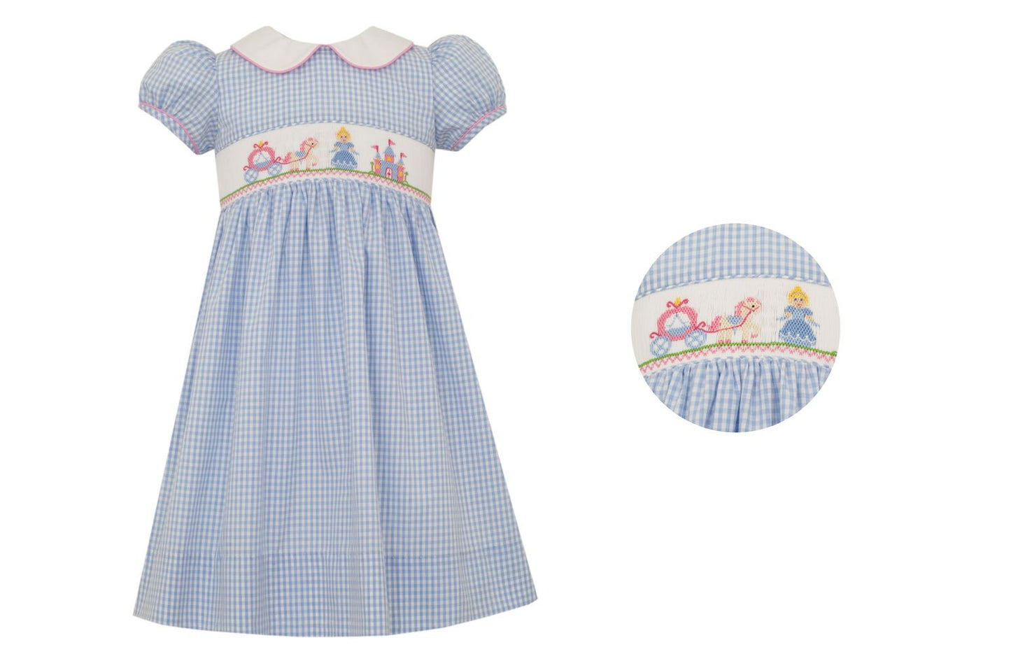 Anavini Velani Girls Blue Gingham Smocked Cinderella Dress with Collar