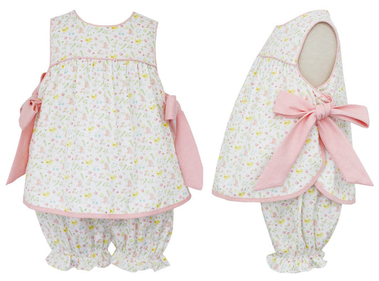 Petit Bebe Baby / Toddler Girls Easter Chick Print Bloomers Set - Pink Bows at Sides