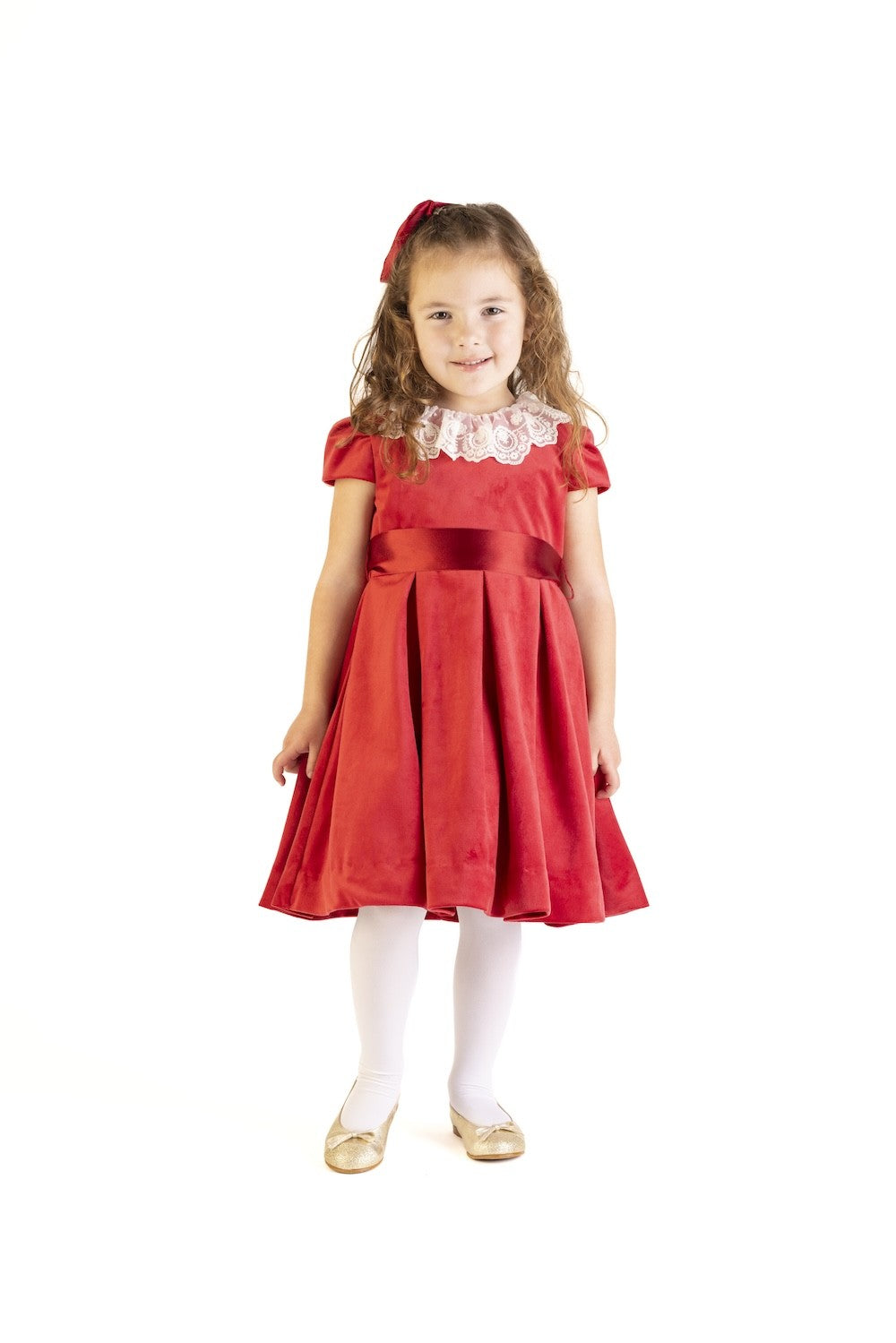 Luli & Me Girls Luxe Velvet Christmas Dress - Lace Collar - Ribbon Sash - Red