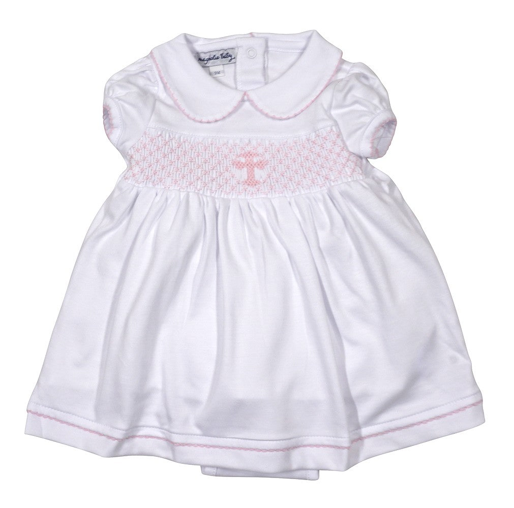 Magnolia Baby Girls Blessed White Smocked Pink Cross Dress