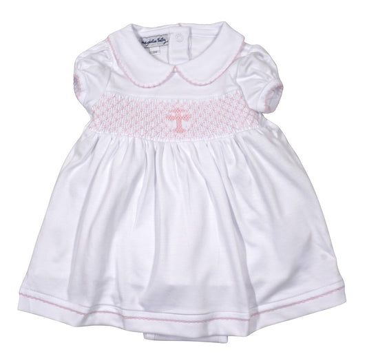 Magnolia Baby Girls Blessed White Smocked Pink Cross Dress