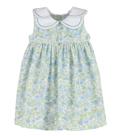 Luli & Me Girls Ocean Blue Floral Sleeveless Dress - Embroidered Petal Collar
