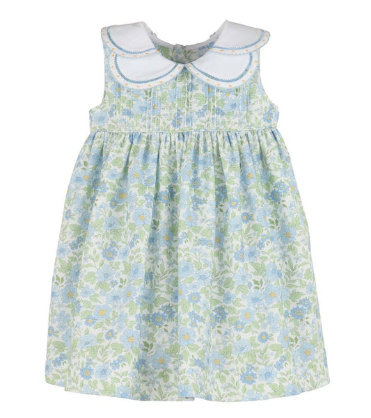 Luli & Me Girls Ocean Blue Floral Sleeveless Dress - Embroidered Petal Collar