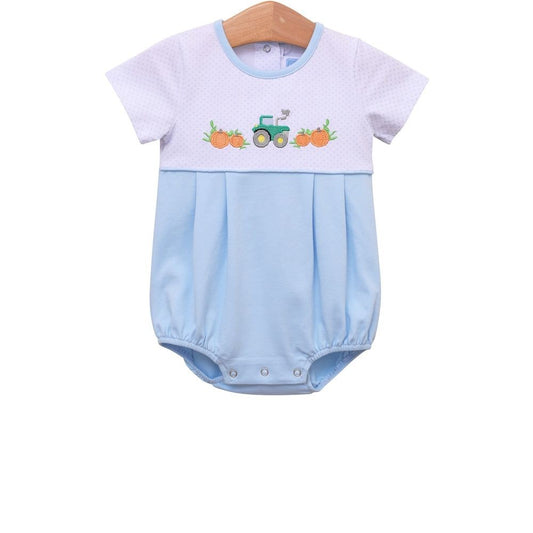 Trotter Street Kids Baby Boys Bubble - Blue Pumpkin Tractor Embroidery