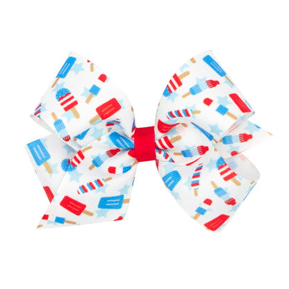 Wee Ones Girls Hair Bow on Clip - Patriotic Retro Astro Pops on White
