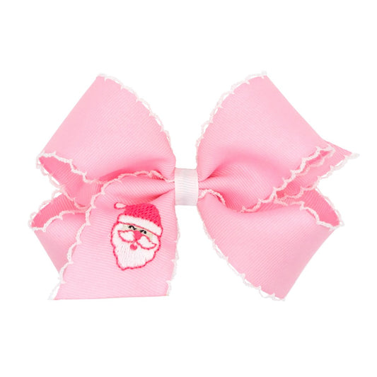 Wee Ones Girls Hair Bow - Embroidered Santa Face on Pink Bow