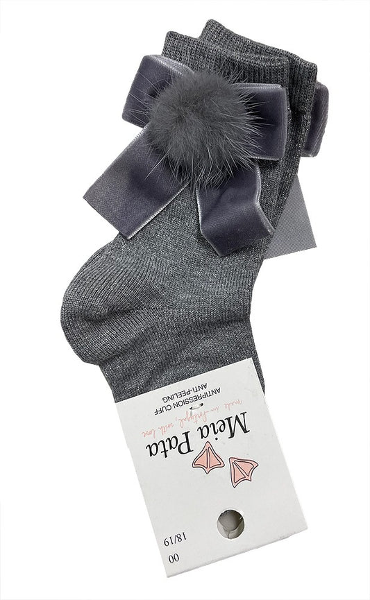 Meia Pata Girls Socks - Velvet Bow and Faux Fur Ball - Dark Silver Lurex