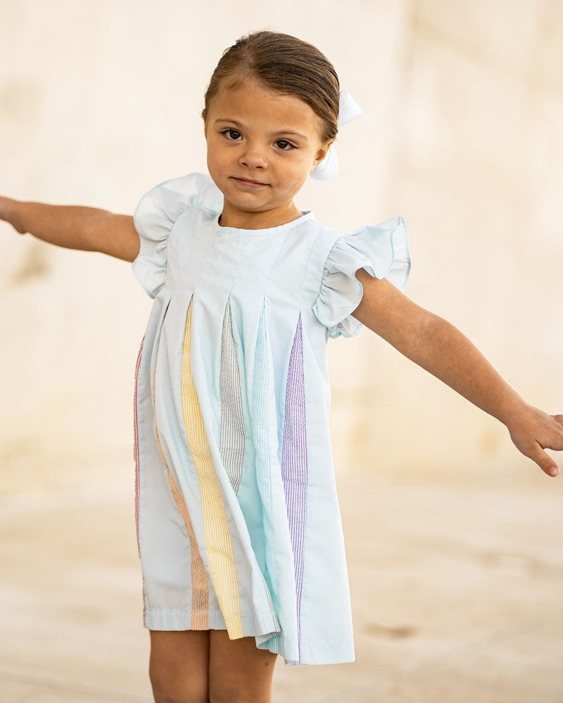 Yellow Lamb Girls Pleated Rainbow Dress - Blue