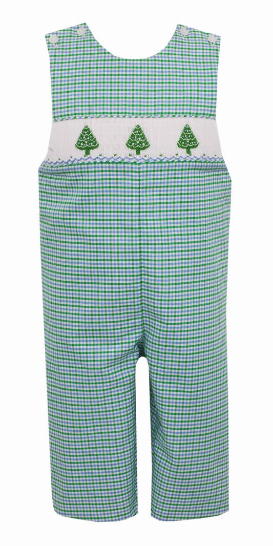 Anavini Baby / Toddler Boys Green & Blue Plaid Smocked Christmas Trees Longall