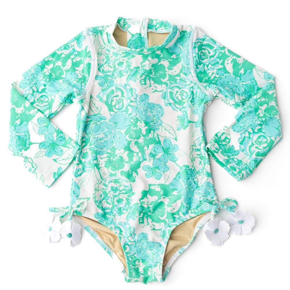 Shade Critters Girls Long Sleeve Rash Guard Swimsuit - Charming Rose