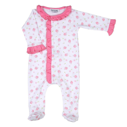 Magnolia Baby Girls Pink Little Love Bug Printed Ruffle Front Footie