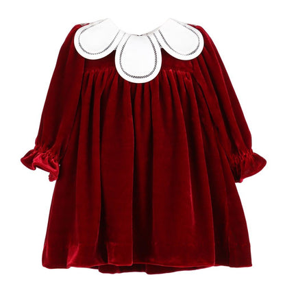 Sophie & Lucas Girls Velvet Christmas Dress with White Petal Collar - Red