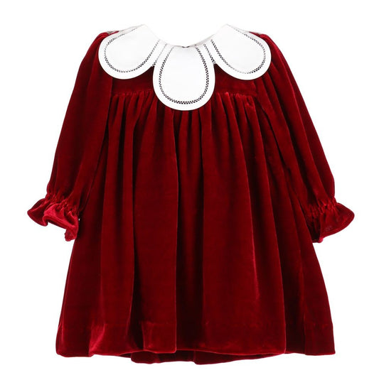 Sophie & Lucas Girls Velvet Christmas Dress with White Petal Collar - Red