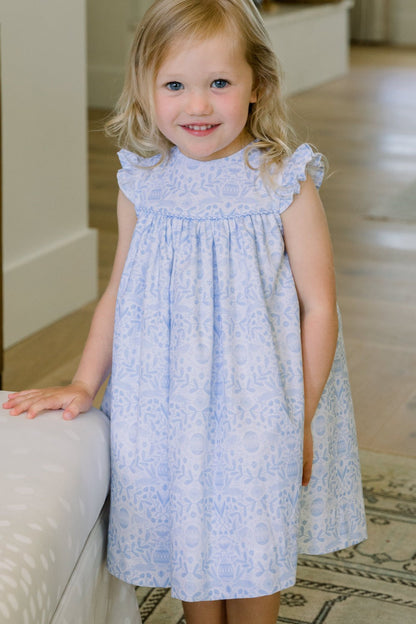 Bailey Boys Girls Flutter Sleeve Float Dress - Blue Easter Egg Toile