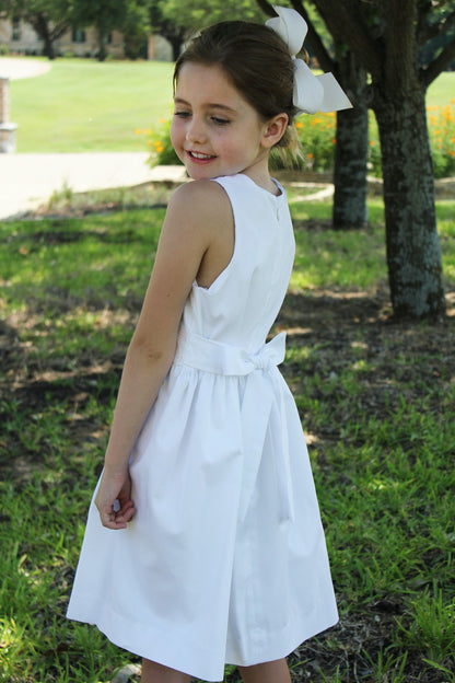 Susanne Lively Girls Sleeveless White Pique Dress with Embroidered Eyelet Waist