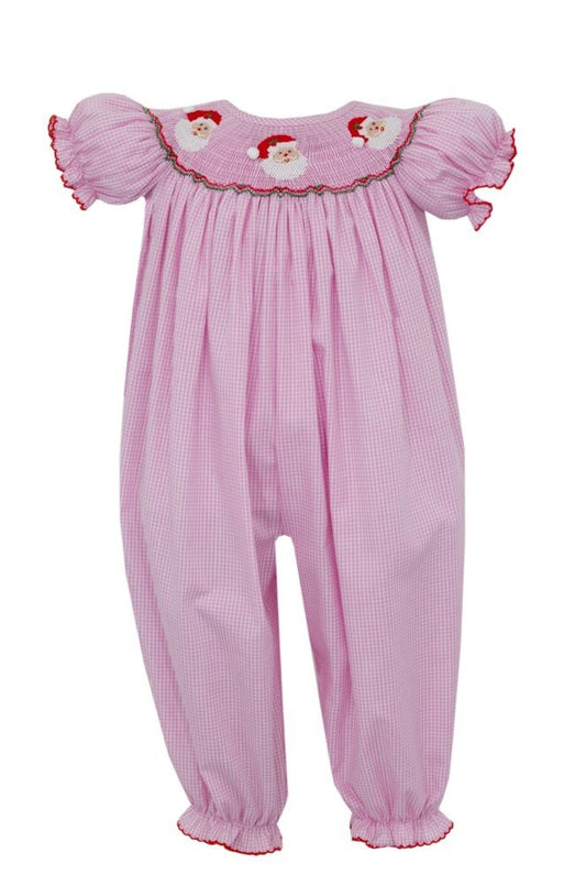 Anavini Velani Baby Girls Pink Gingham Romper - Smocked Santa Faces