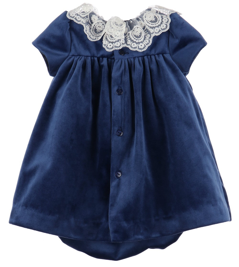 Luli & Me Girls Deluxe Velvet Float Dress - Lace Collar - Navy Blue