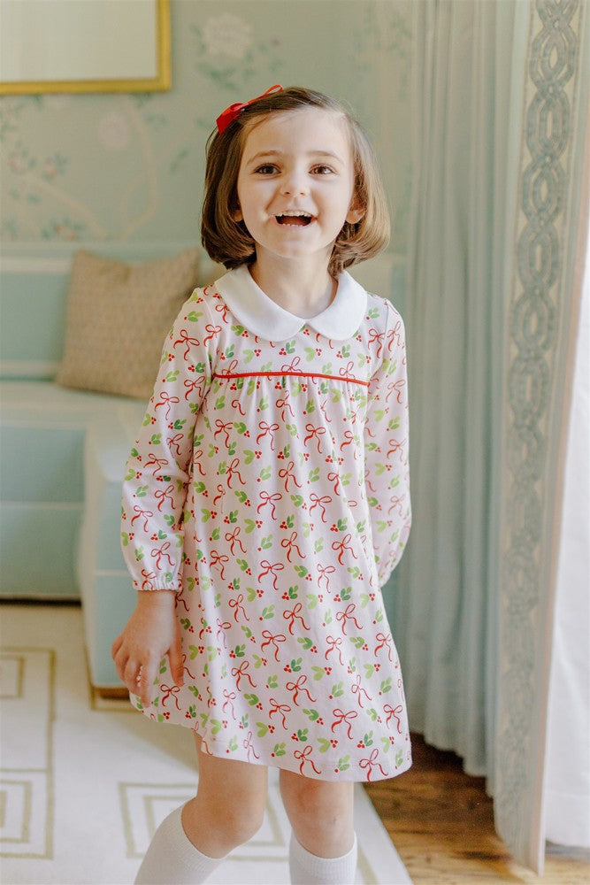 Proper Peony Pima Girls Pink Holly Bows Holiday Dress 2T