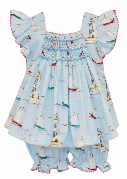 Anavini Baby / Toddler Girls Light Blue Sailboat Print Smocked Bloomers Set