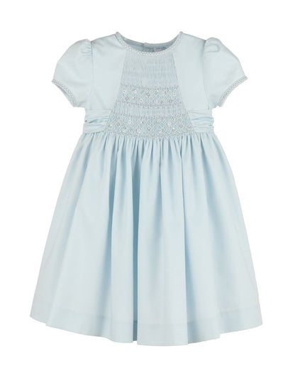 Luli & Me Girls Silverstone Flowers Blue Dress - Smocked Bodice - Sash