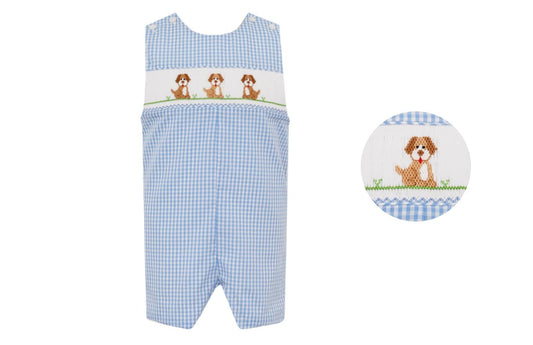 Anavini Velani Boys Blue Gingham Smocked Puppy Dogs Jon Jon