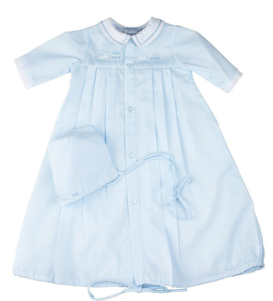 Feltman Brothers Preemie Baby Boys Blue Gown with Hat - Shadow Stitch Train
