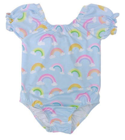 James & Lottie Girls Ramsey Swimsuit - Blue Rainbows - Puff Sleeves - Pink Bow on Back