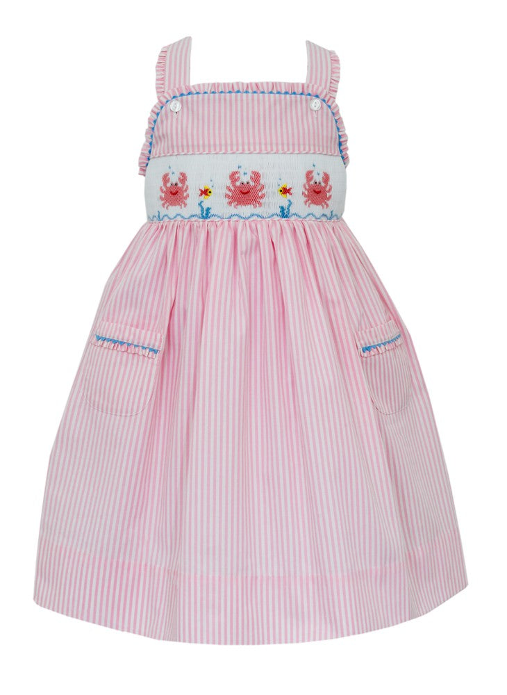 Anavini Girls Pink Striped Smocked Crabs Sun Dress