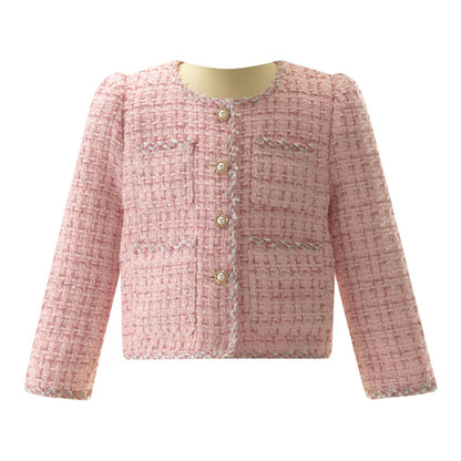 Rachel Riley Girls Pink Tweed Jacket & Skirt Set