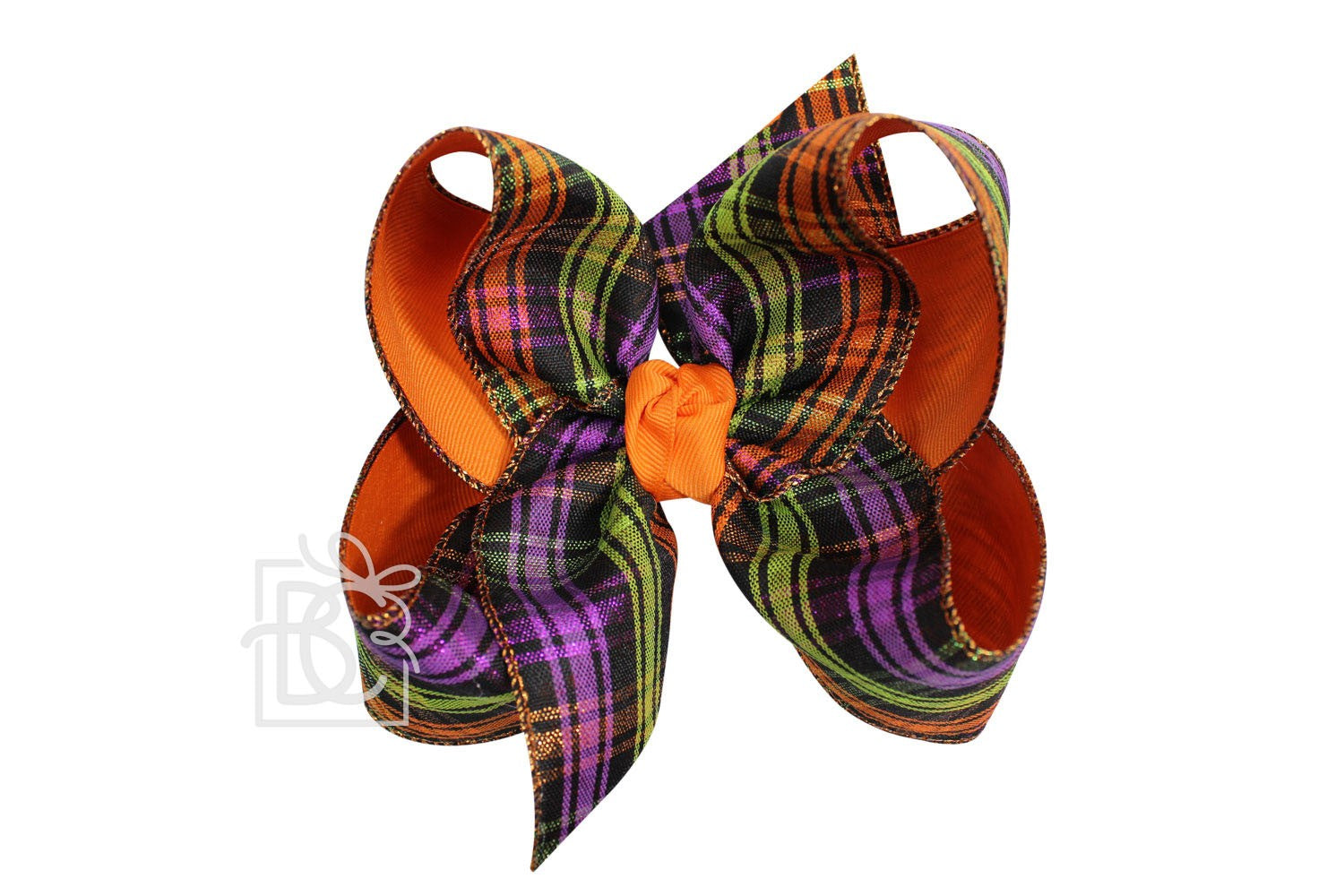 Beyond Creations Girls Layered Double Knot Bow on Clip - Orange Halloween Plaid